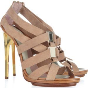 Herve Leger Tan and Gold Heels